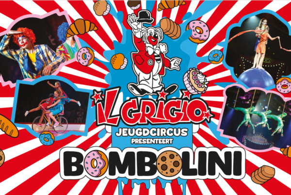 Collage van meerdere circusacts van het jeugdcircus Il Grigio